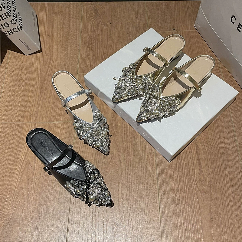 2025 новых женских мюли с заострённым носком, закрытым носком, универсальные, с неглубоким вырезом, стразами, фееричные туфли, закрытые, плоские, больших размеров.