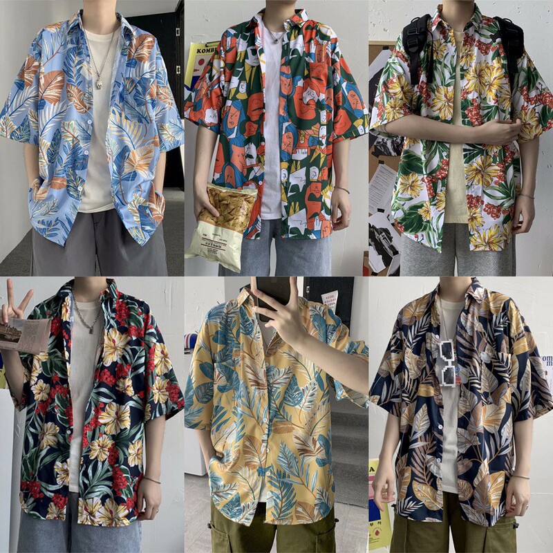Short-Sleeved Shirt Men's Summer Hong Kong Style Japanese Style Korean Style Trendyy Loose Hawaiian Retro Handsome Seaside Flower Shirt Trend