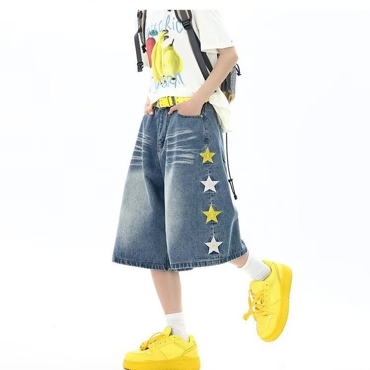 2026 New Cross-Border Women's Versatile Trendy Shorts Retro Star Embroidery Denim Capri Pants Wholesale in Stock