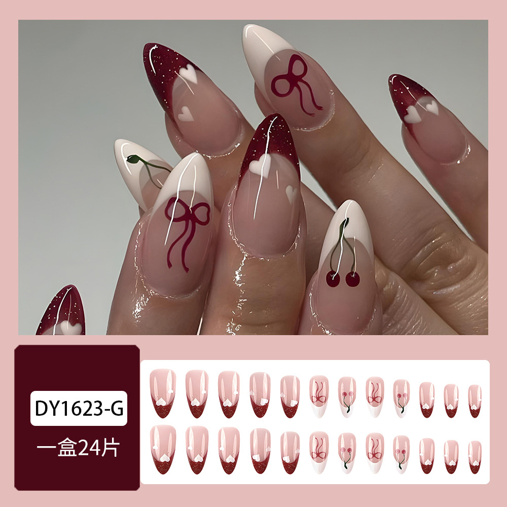 Celebritad en línea, cereza usa uñas, polvo de arco francés, 24 piezas de uñas falsas de punta larga. image 3