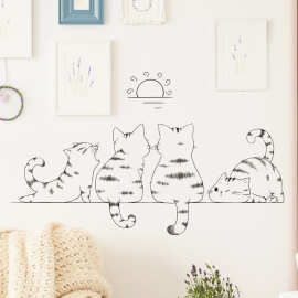 线条猫咪背景墙贴画卡通动物黑白线条欧美壁画卧室温馨可爱装饰贴