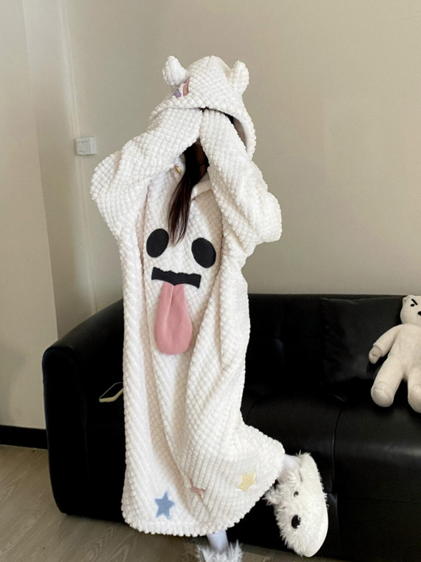 搞怪可爱幽灵睡裙冬季加绒加厚珊瑚绒睡衣女款宽松毛绒家居服套装|undefined