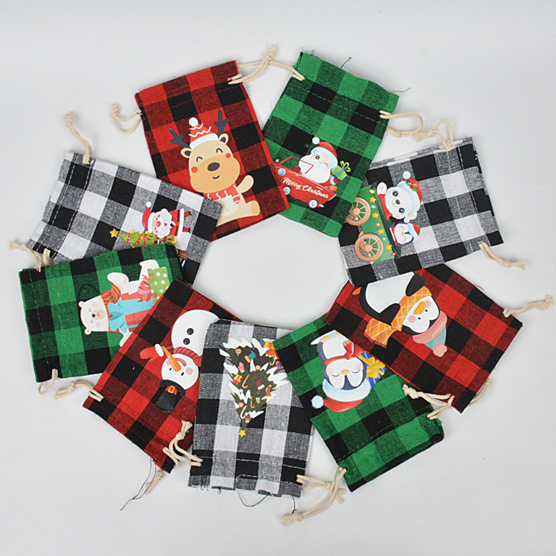 圣诞棉布格子抽绳束口袋糖果礼品首饰收纳包装圣诞派对聚会装饰袋