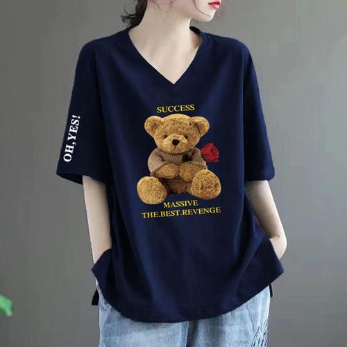 Women's Loose Plus Size V-Neck Short-Sleeve T-Shirt for Summer - Chic, Slimming Fashion Print Full Cotton Top