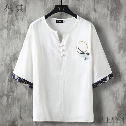 Summer Chinese-style Cotton and Linen Short Sleeve T-shirt for Men with Crane Embroidery, Linen Buttonholes, V-neck Top