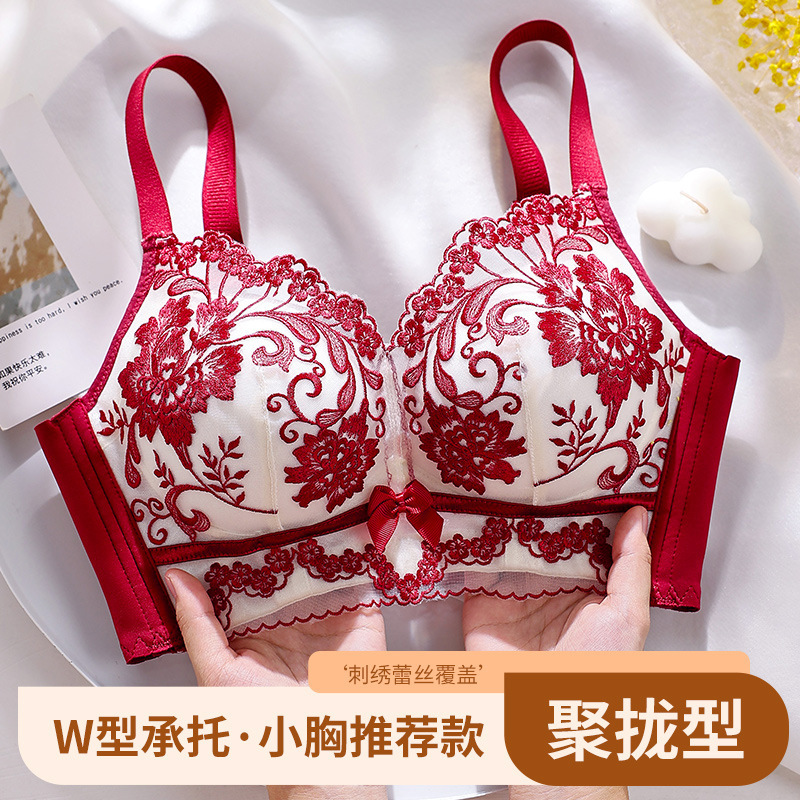 Embroidered Lace Underwear Women's Push-Up Small Breast Bra Without Rims to Control Secondary Breasts Adjustable Top-Up Anti-Sagging Bra