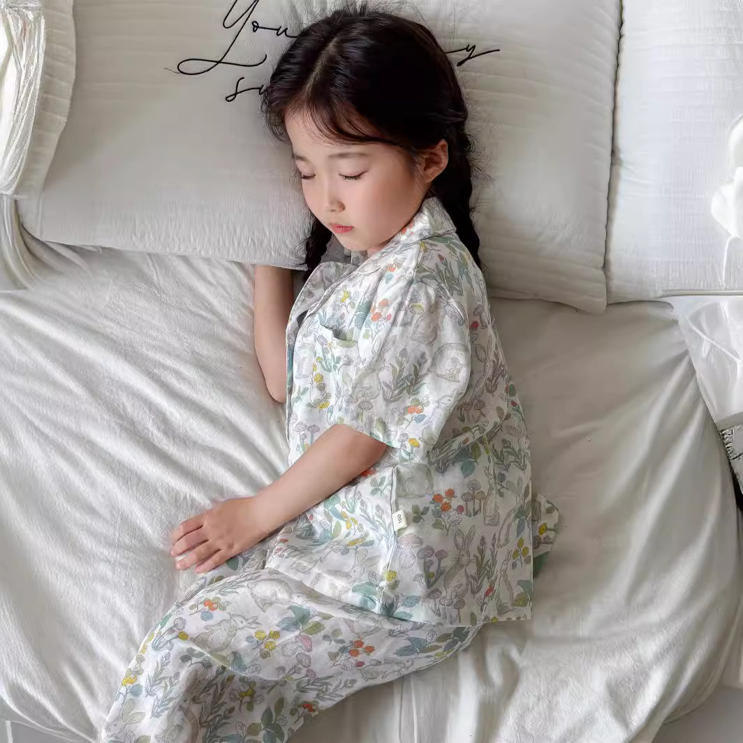 Children's Pajamas Summer A-Class Bamboo Cotton Short-Sleeved Long Pants Boys and Girls Air-Conditioned Clothing Baby Home Wear Set Children's Style