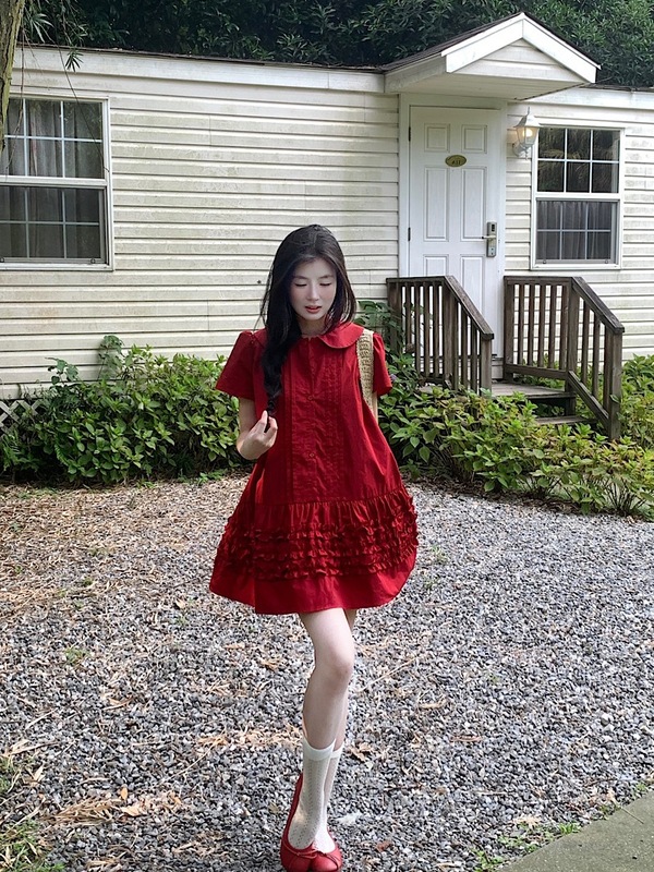 2025 新しい赤いベビードールカラー半袖ドレス女性の夏のレトロ年齢軽減耳 A ラインスカートショートスカート|undefined