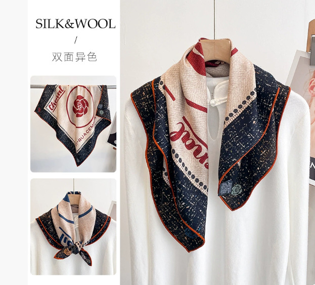 2025春秋冬新型高級シルクウールマフラー女性ファッション気質プリントストール両面シルクスカーフ