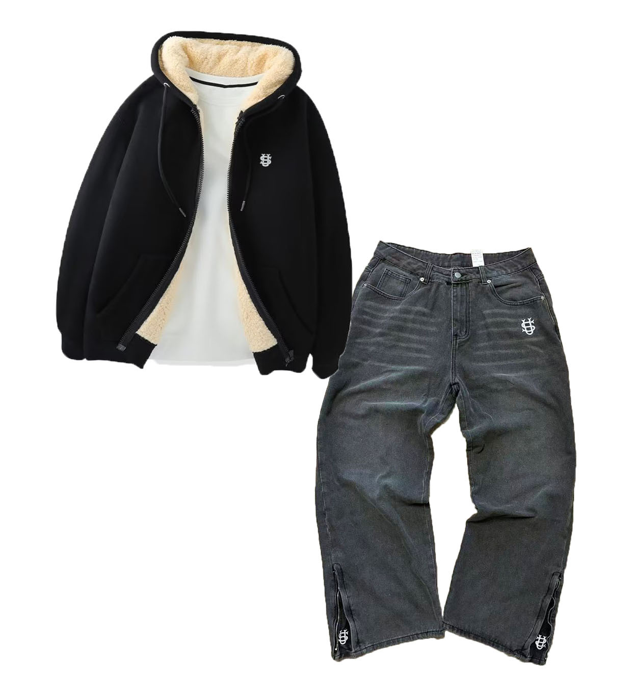 Men's Clothing Autumn And Winter Men's Letter Embroidery Hot Stamping Lambskin Jacket Jeans Suit_voghion.com