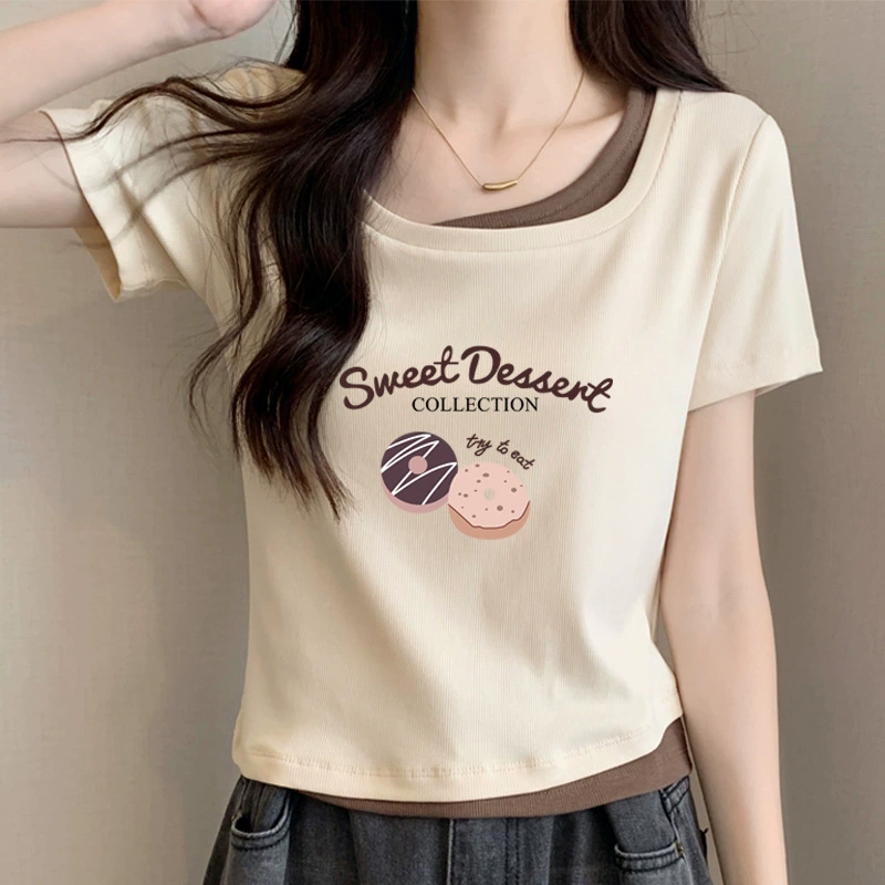 Женская футболка из двух частей контрастного цвета с U-образным вырезом и короткими рукавами, новинка лета 2025 года, облегающий сексуальный короткий топ с принтом в стиле чистой страсти