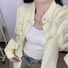 美式复古黄色条纹Polo领衬衫外套女春秋宽松绣花小狗开衫上衣批发