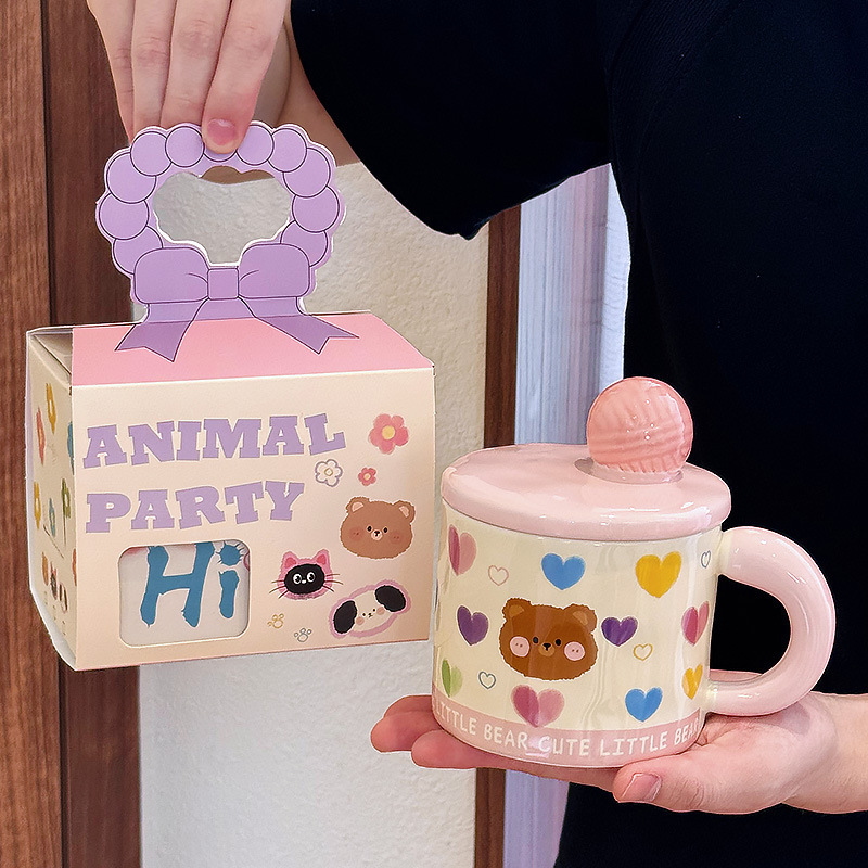 猫マグカップ蓋付きセラミックカップかわいい女性誕生日プレゼント子犬ベアー高颜値オフィスカップ|undefined