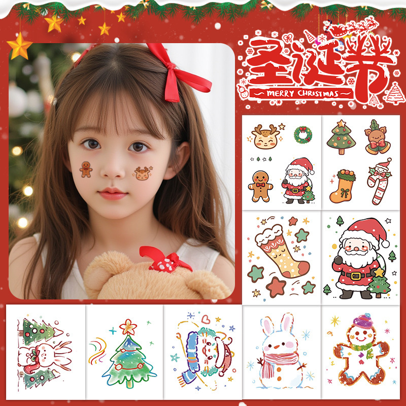 Popular Cartoon Christmas Tattoo Stickers Children's Cute Santa Claus Gift Snowman Temporary Tattoo Stickers