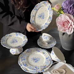 法式蓝色花影玫瑰花卉浮雕陶瓷杯碟碗高脚盘西餐甜品收纳家用摆盘