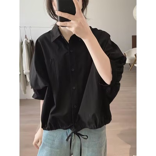 Simple and Stylish Versatile Trendy Personalized Top 2025 Summer New Loose Unique Drawstring Shirt