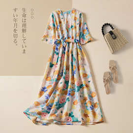 日韩现货实拍碎花连衣裙夏季2024年新款V领印花裙子海边度假风裙