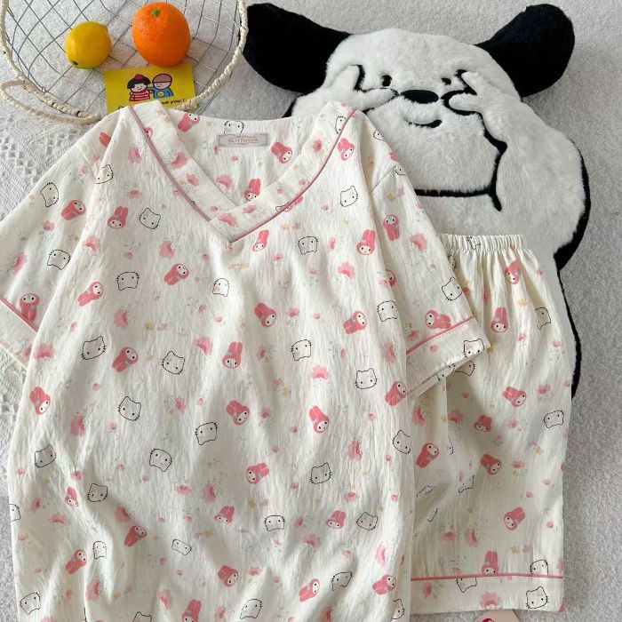 Vietnam transfronterizo al por mayor verano nuevo pijama de algodón con nube con cuello en V pantalones cortos de manga corta para mujer traje de servicio a domicilio para estudiantes de dibujos animados