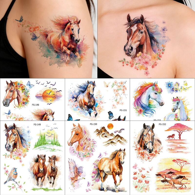 New Cross-Border Glitter Horse Animal Tattoo Stickers Waterproof Cartoon Fantasy Children's Colorful Disposable Temporary Stickers