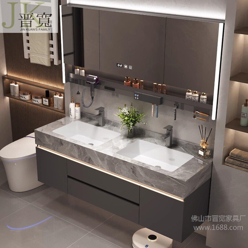 Jinkuan Modern Minimalist Double-Basin Rock Slab Seamless Integrated Basin Smart Bathroom Cabinet Washbasin Sink