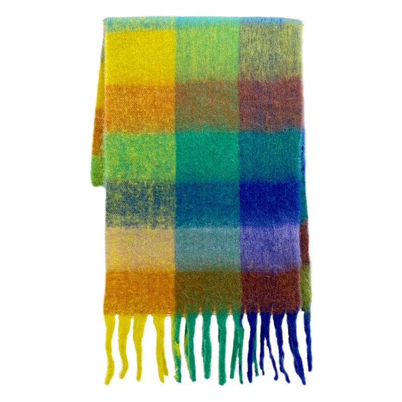 Ac Style Warm Rainbow-Colored Plaid Long Scarf for Women, European and American Style, Autumn and Winter Warm Soft Faux Mohair Neck Scarf