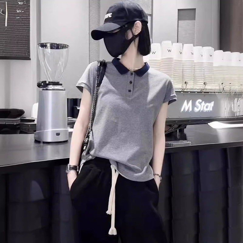 Right Shoulder Gray Polo Collar Short-Sleeved T-Shirt for Women 2024 New Small Shirt High-End Slimming Look Threaded Half-Sleeved Top Summer Right Shoulder Gray Polo Collar Short-Sleeved T-Shirt for Women 2024 New Small Shirt High-End Slimming Look Threaded Half-Sleeved Top Summer
