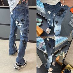 快手网红克罗潮牌十字架牛仔裤贴皮水洗美式高街男女直筒宽松裤子