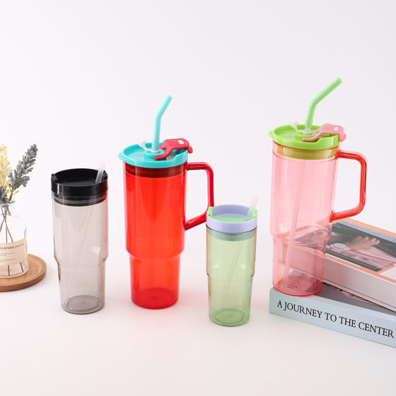 Cross-Border Solid Color Car Cup Large Capacity Plastic Cup with Straw Handle Summer Outdoor Portable Ice Cup