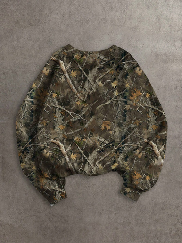 Spring and Autumn Camouflage Tree Branch Pattern Minimalist V-Neck Long-Sleeve Women's Sweatshirt Hot Item