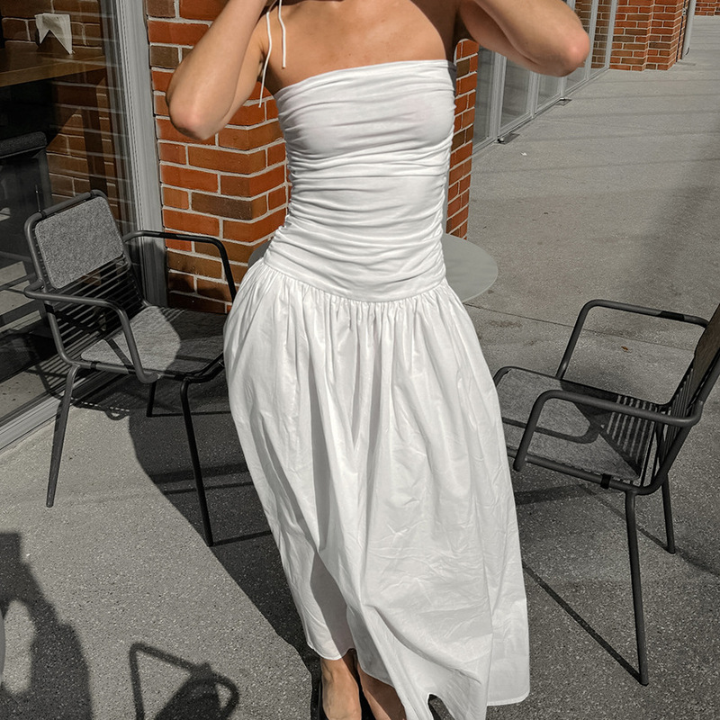 Autumn White Style Off-shoulder Sling Slim-fit Strapless Low-waist Slimming dress European and American Fashion Flower Long Dress Autumn White Style Off-shoulder Sling Slim-fit Strapless Low-waist Slimming dress European and American Fashion Flower Long Dress