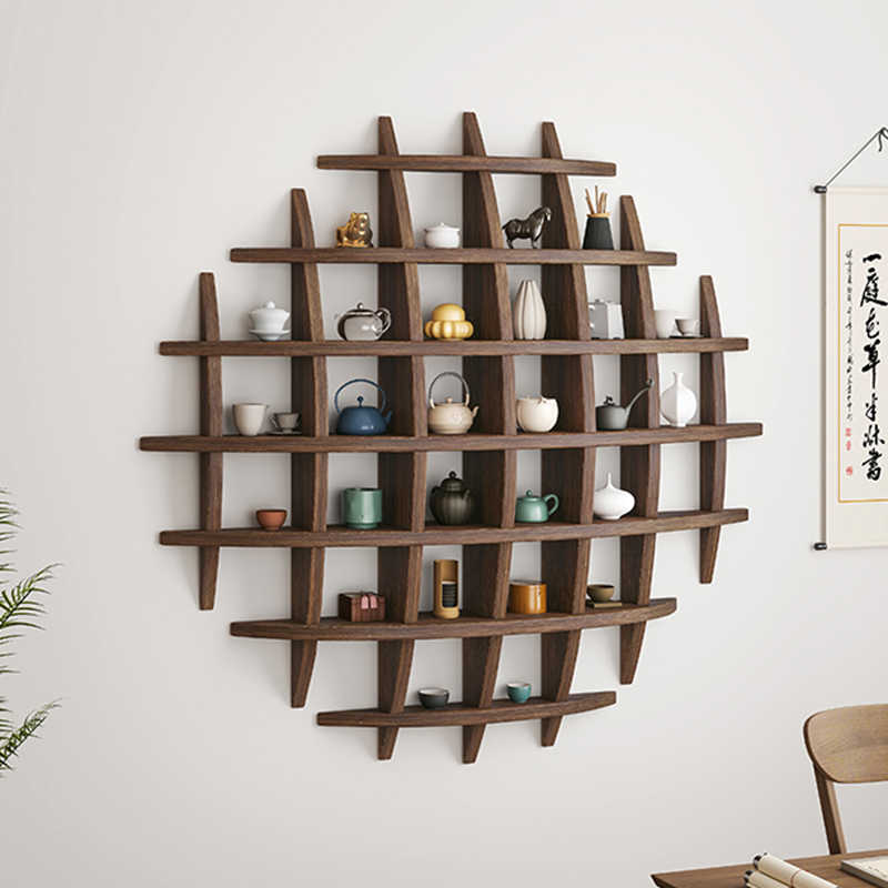 Juego de té de madera maciza, taza, taza de té, estante de almacenamiento, estante para salón de té en la pared