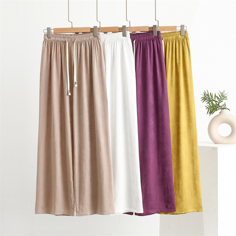 Jacquard Cotton Silk Trousers Women's Middle-aged and Elderly plus size Casual Pants Artificial Cotton Summer Thin plus size Loose Home Pants