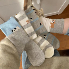 夏季薄款可爱日系卡通撞色条纹堆堆袜条纹小狗袜子女中筒袜ins潮