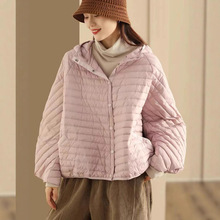跨境90白鸭绒轻便羽绒服女短款2025冬新款文艺宽松绗线连帽短外套