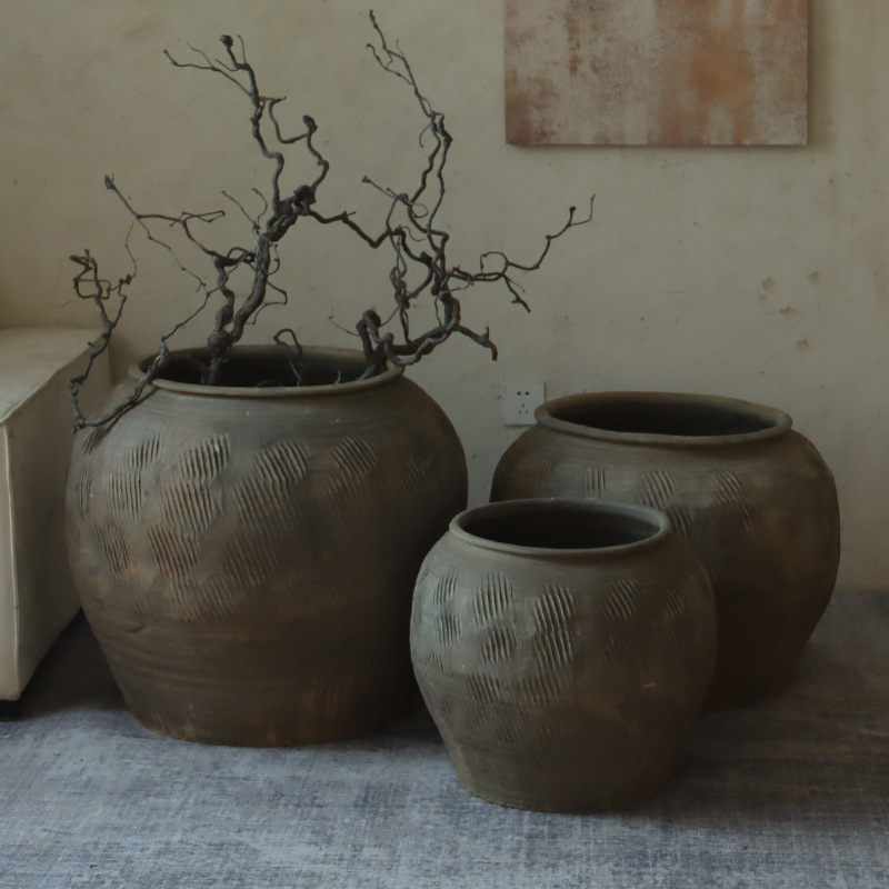 Short Round Coarse Pot Large Large Pot Flower Pot plus size Flower Pot Earth Pottery Old Pot Slight Flaw Big Pot Weng Pot Folk Tiled Pot