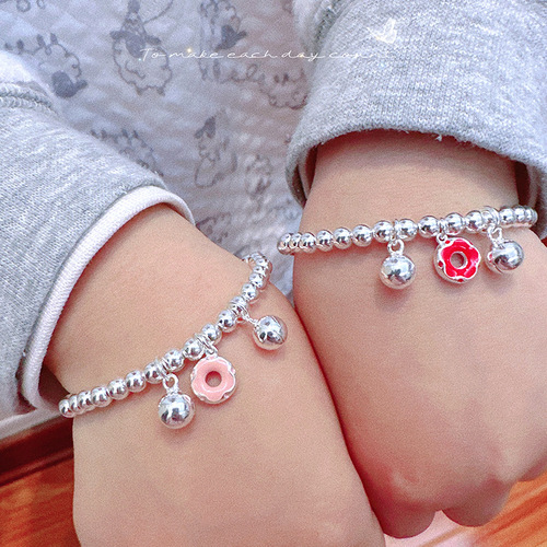 Baby Hand Chain S925 Silver Colorful Donut Bell Engraved Bracelet 4MM Parent-Child Series Children Pure Silver Bead Necklace