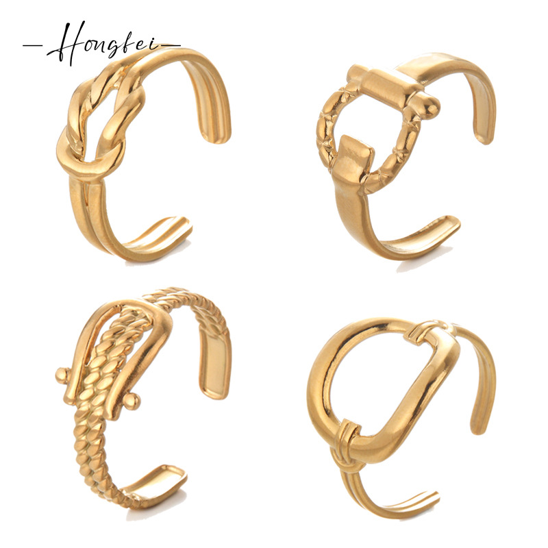 Retro Style PVD Coated Real Gold Plated Four Leaf Clover Heart Shape 304 Stainless Steel Retro Waterproof Non Tarnish Open Rings