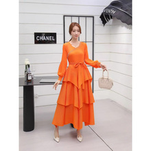 跨境2025褶皱钉珠蛋糕裙系带显瘦高腰喇叭袖气质中长款连衣裙