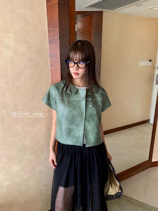 ovinsyang 2025秋季女款韩系少女感娃娃领皮衣短款小外套|undefined