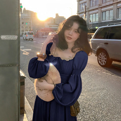 高级感名媛方领过膝连衣裙女夏季新款收腰气质仙女温柔风法式长裙