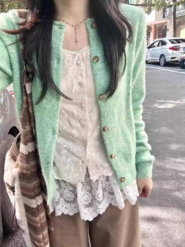 薄荷绿色复古卷边针织开衫毛衣外套女新款春秋季软糯早秋外搭上衣|undefined