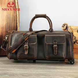 真皮西装包多功能大容量旅行包折叠西装收纳包带滑轮可推拉手提包