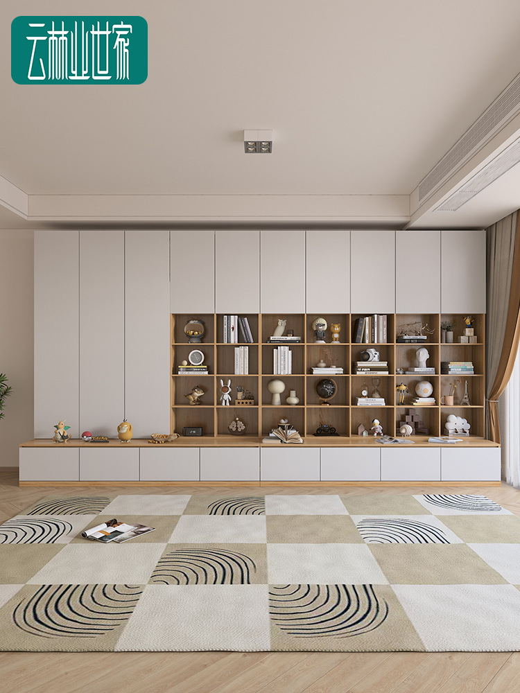 Light Luxury Living Room Integrated Bookshelf with Built-In Wall-To-Ceiling Solid Wood Bookcase Background Wall Cabinet with Glass Doors