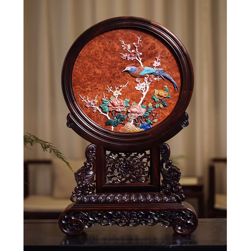 Lao red acid branch embedded cherry wood tumor round screen Baibao embedded table screen study porch handicraft living room decoration Lao red acid branch embedded cherry wood tumor round screen Baibao embedded table screen study porch handicraft living room decoration