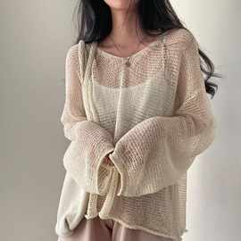 韩国chic夏季法式复古慵懒风宽松长袖镂空薄款针织防晒罩衫上衣女