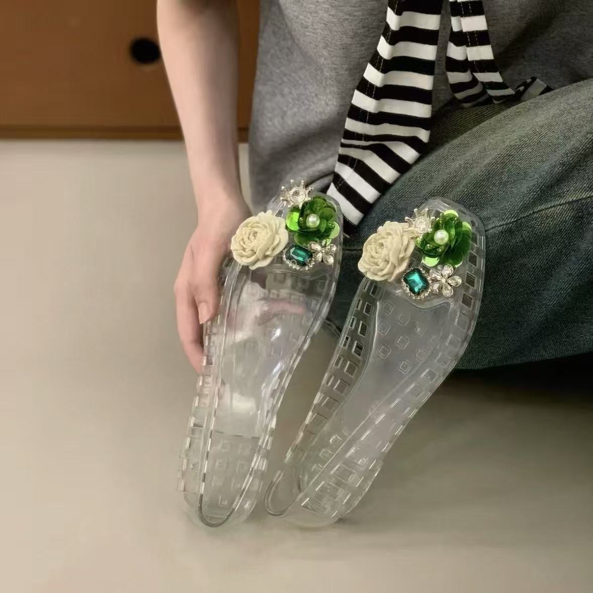 Sandalias de Gelatina con Flores PVC Secado Rápido Transpirable