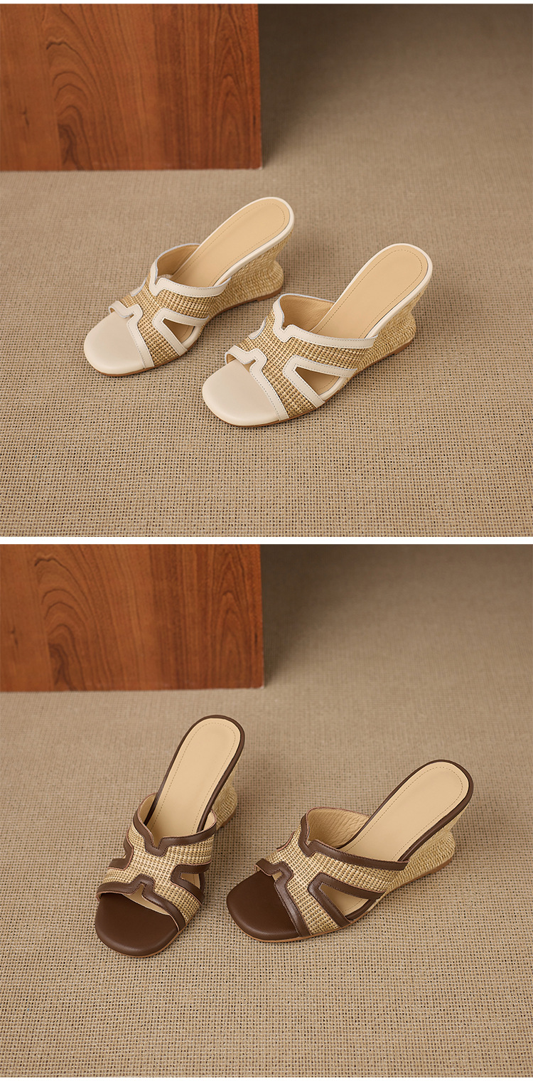 Sandal cao gót nữ mũi vuông hở ngón đế xuồng đan rơm phong cách nghỉ dưỡng — màu nâu, màu trắng ngà chi tiết 13