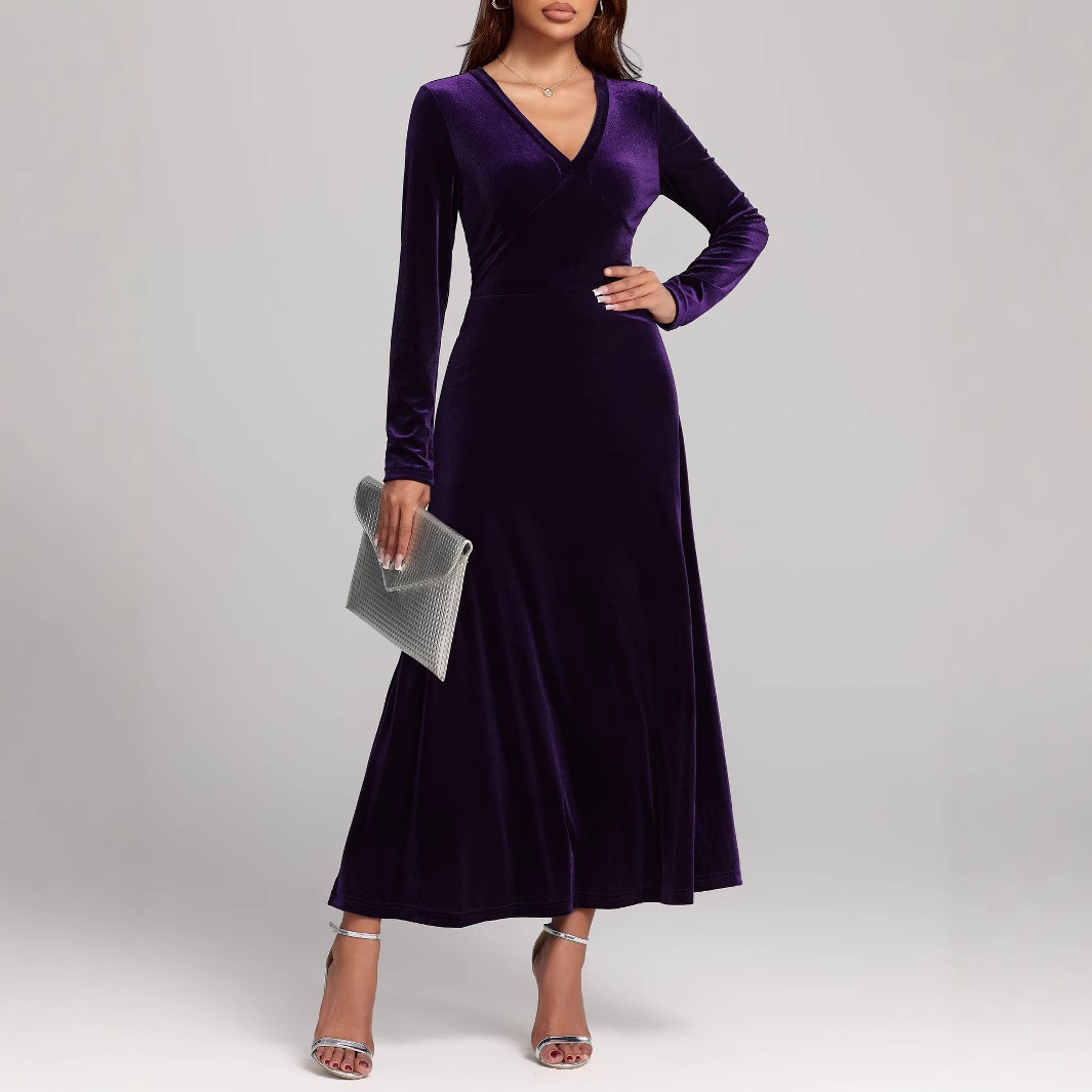 Cross-Border Amazon Foreign Trade European and American 2025 Autumn and Winter New V-Neck Long-Sleeved Elegant Evening Dress Gold Velvet Dress