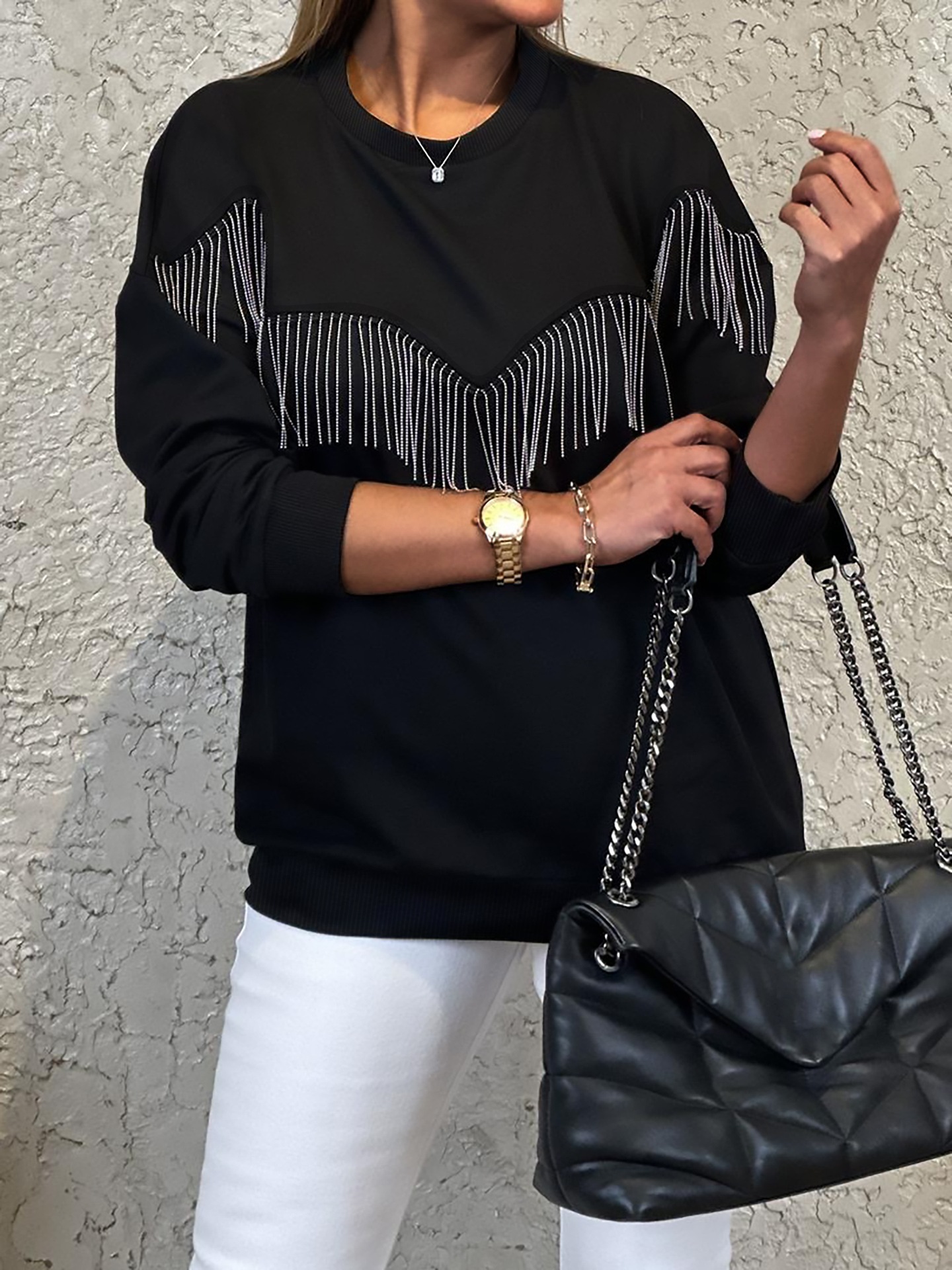 Women's Elegant Basic Long Sleeve Tops With Fringe Detail, Round Neck Pullover For Casual Daily Wear_ecoleips.com