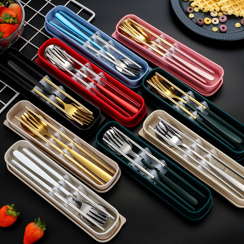 食品グレードのステンレス鋼のスプーン、フォーク、箸の 3 点セット学生食器オフィスワーカーポータブルボックスギフト屋外|undefined